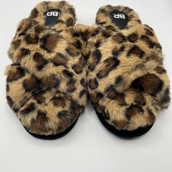 BP. Sz M 7 / 8 Animal Print Slippers Open Toe Crisscross Furry Fuzzy - Picture 4 of 7
